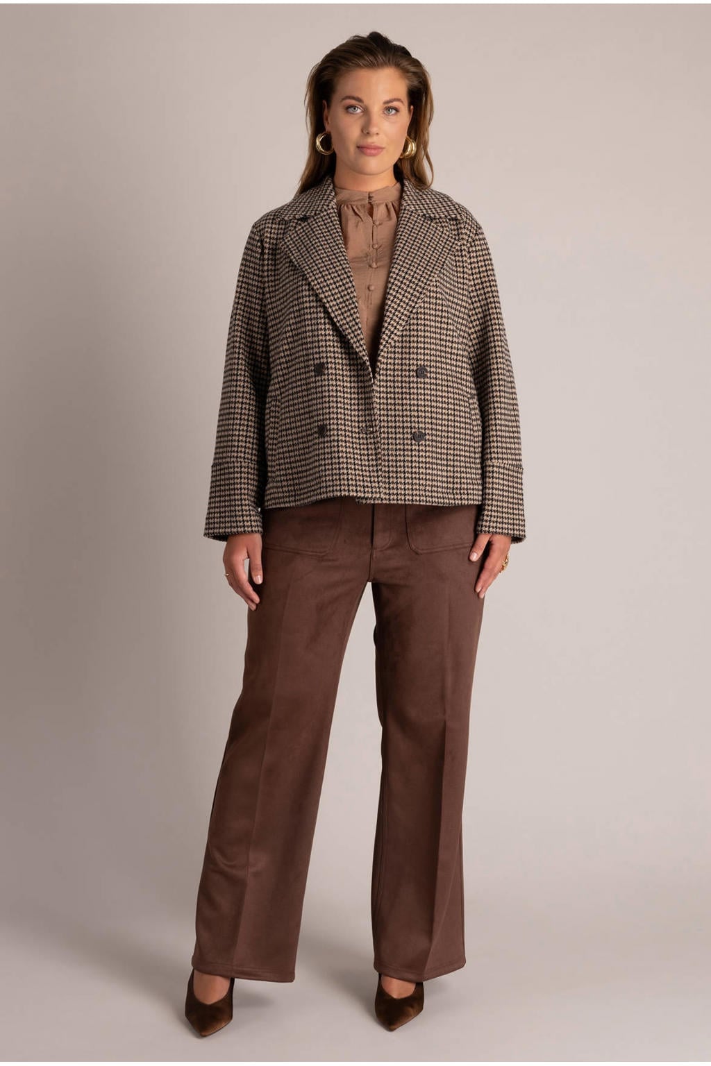 Yest Curve Plus Size geruite regular blazer - bruin
