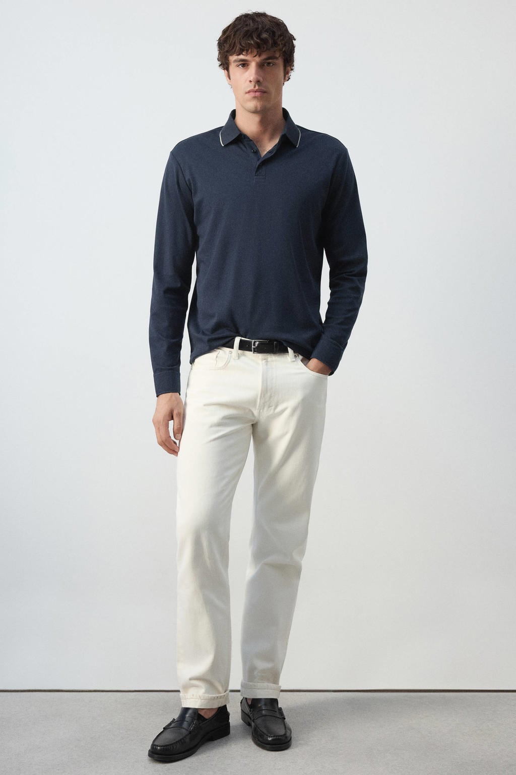 Donkerblauwe heren Mango Man regular fit polo van katoen met effen en lange mouwen