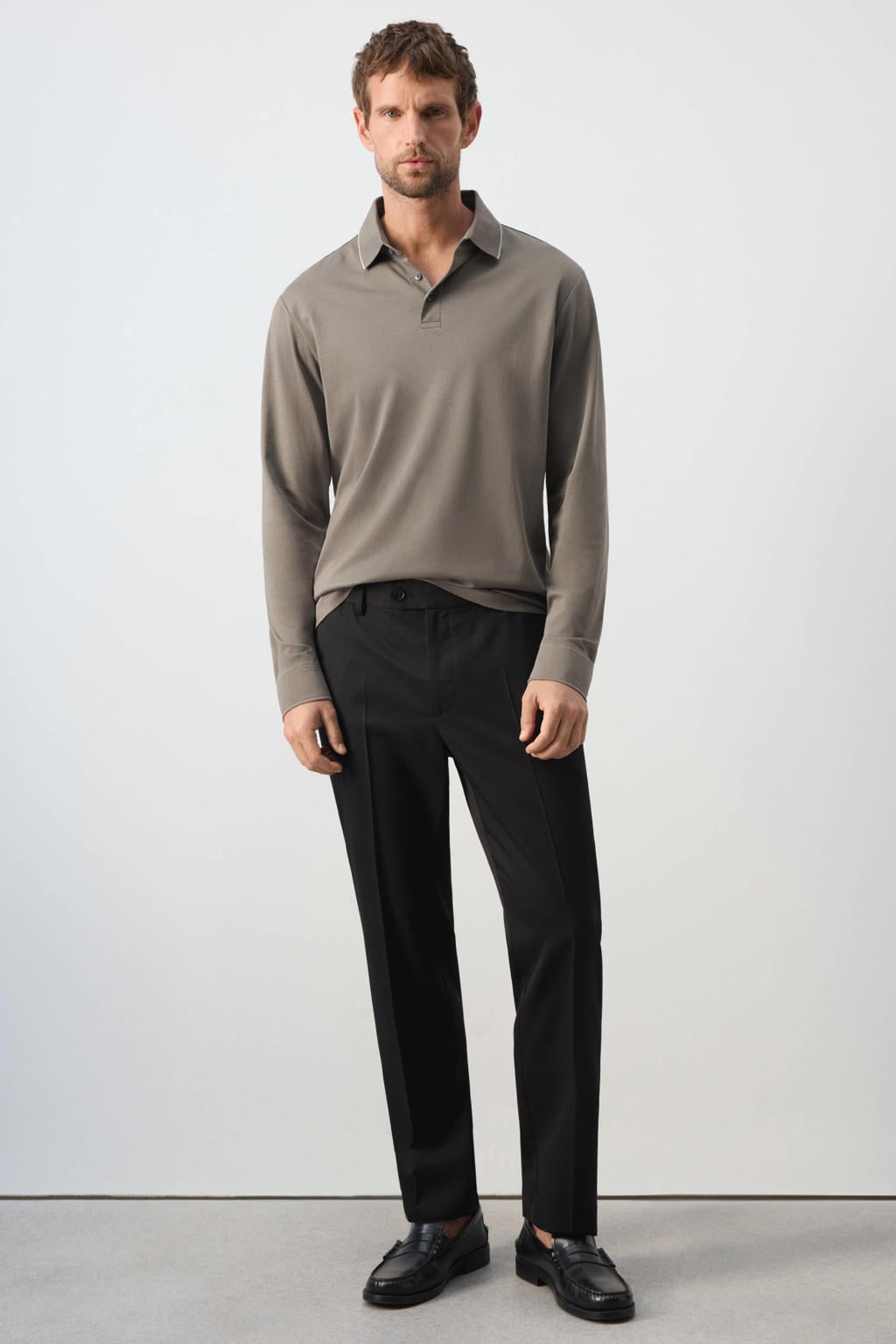 Grijze heren Mango Man regular fit polo van katoen met effen en lange mouwen