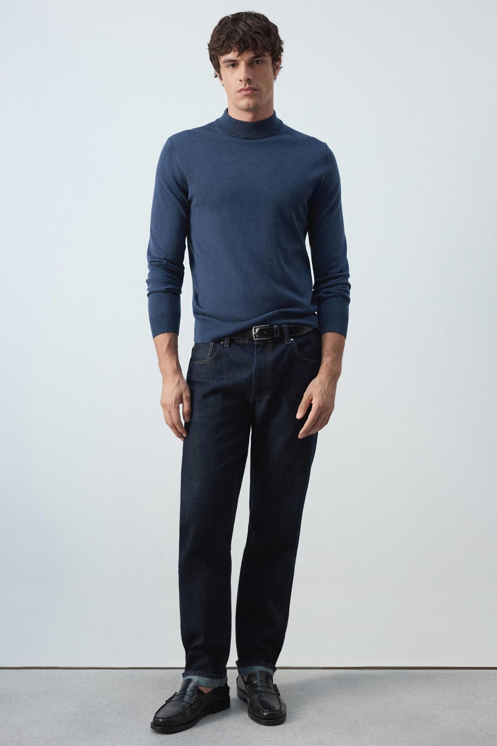 Blauwe heren Mango Man wollen gemêleerde pullover met melée print, lange mouwen en ronde hals