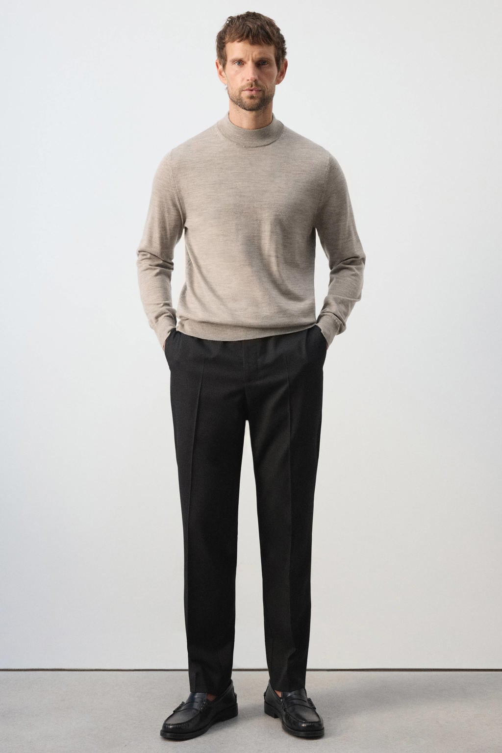 Beige heren Mango Man wollen pullover met melée print, lange mouwen en ronde hals