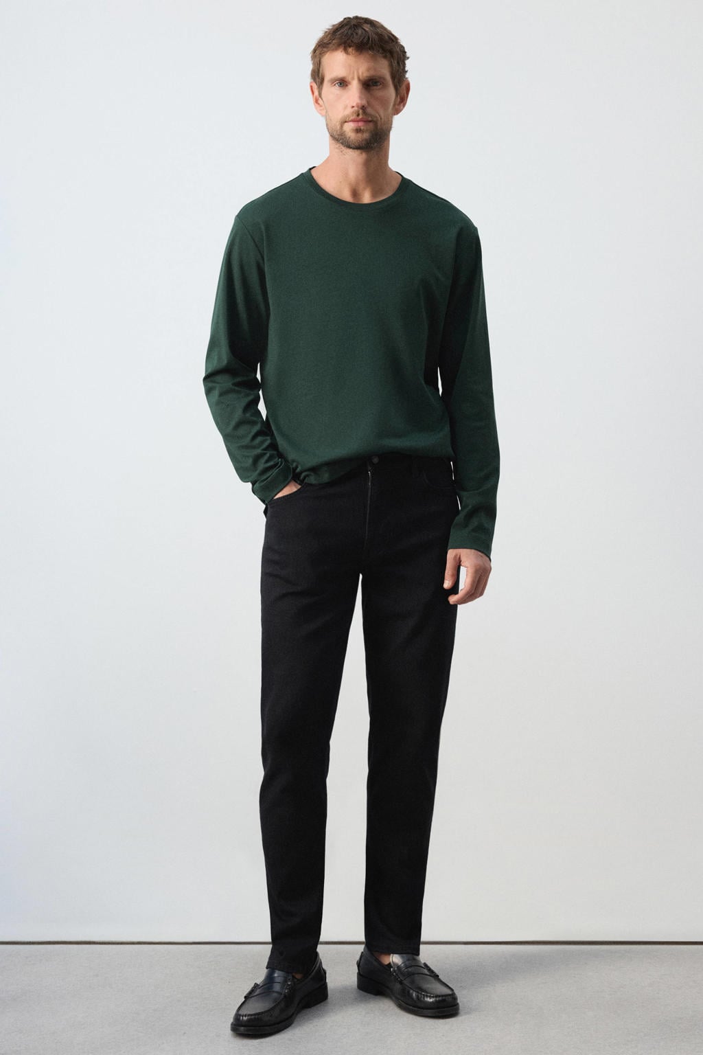Donkergroene heren Mango Man regular fit longsleeve van katoen met effen, lange mouwen en ronde hals