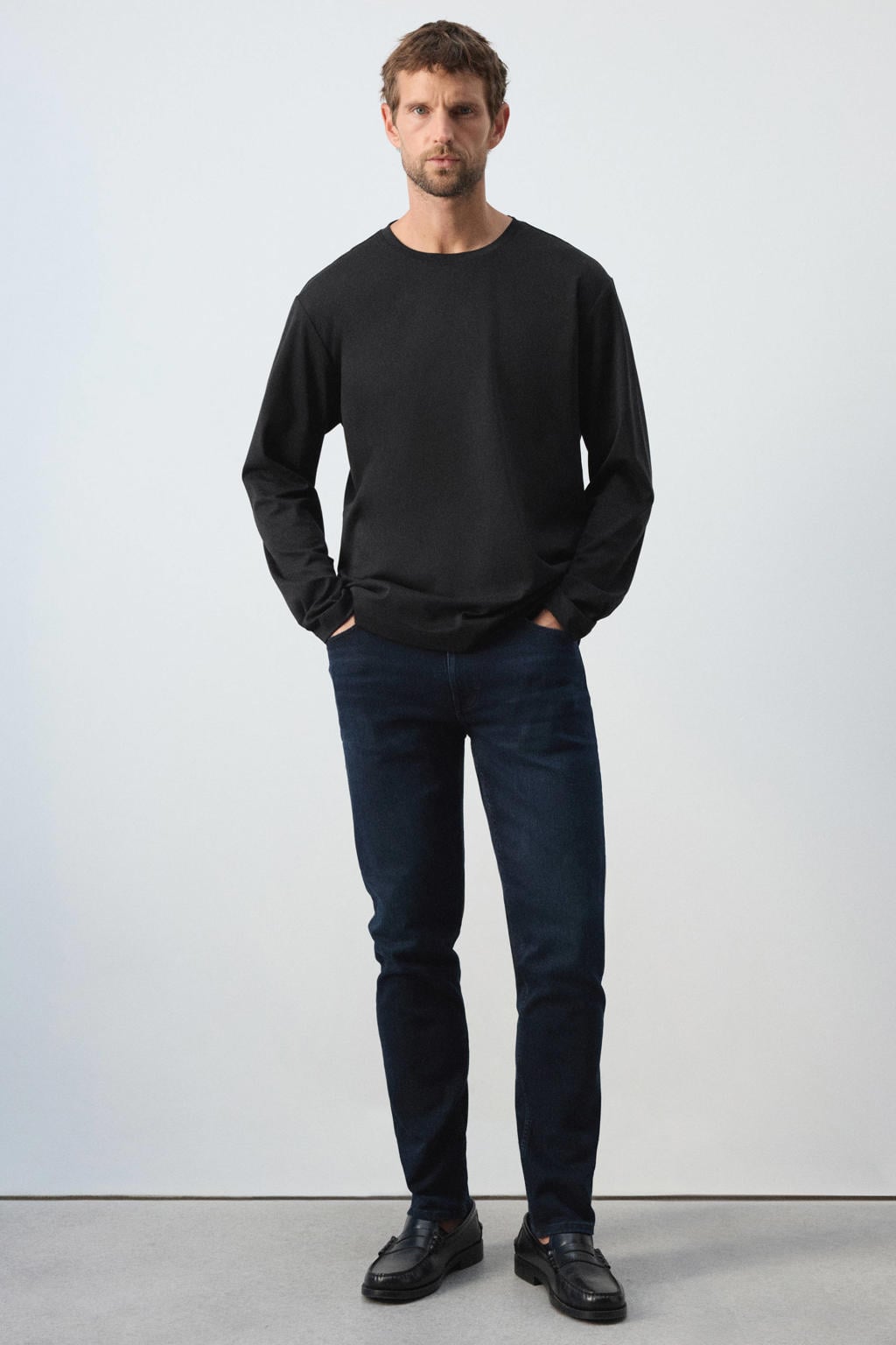 Zwarte heren Mango Man regular fit longsleeve van katoen met effen, lange mouwen en ronde hals