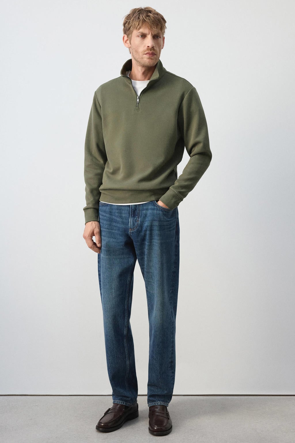 Groene heren Mango Man regular fit sweater met effen, lange mouwen en geribde boorden