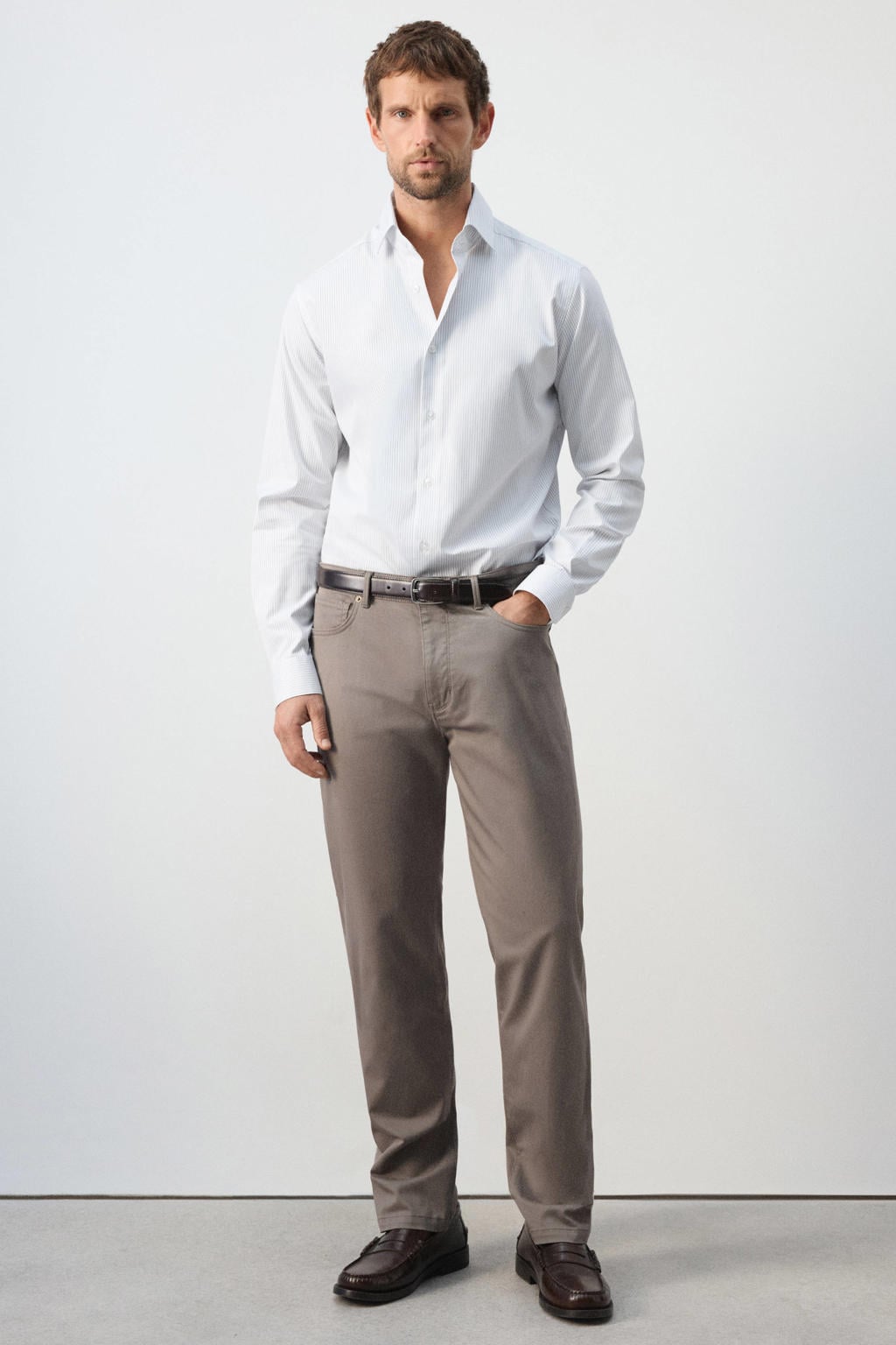 Witte heren Mango Man slim fit overhemd van katoen met lange mouwen en klassieke kraag