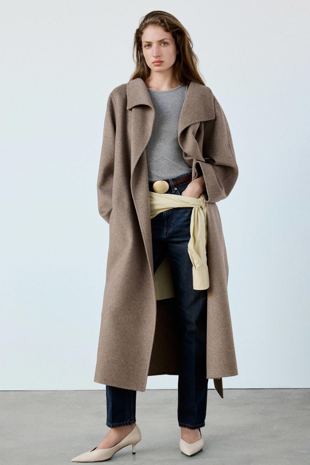 Mango mantel met ceintuur en wol - bruin