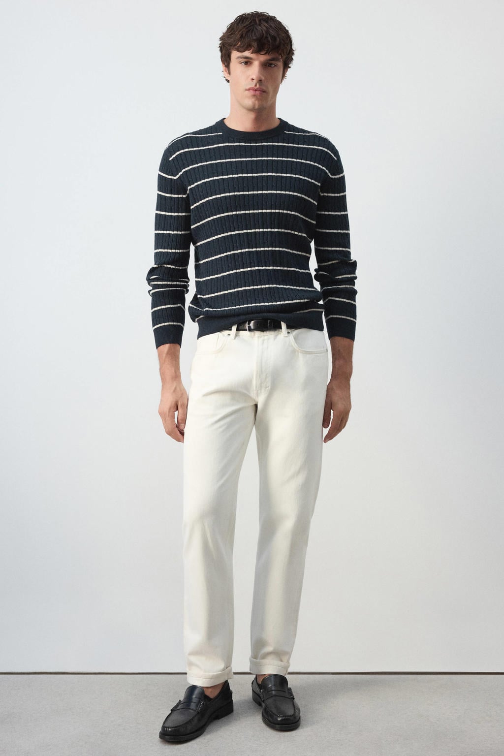 Donkerblauwe heren Mango Man relaxed fit gebreide gestreepte trui van lyocell met lange mouwen