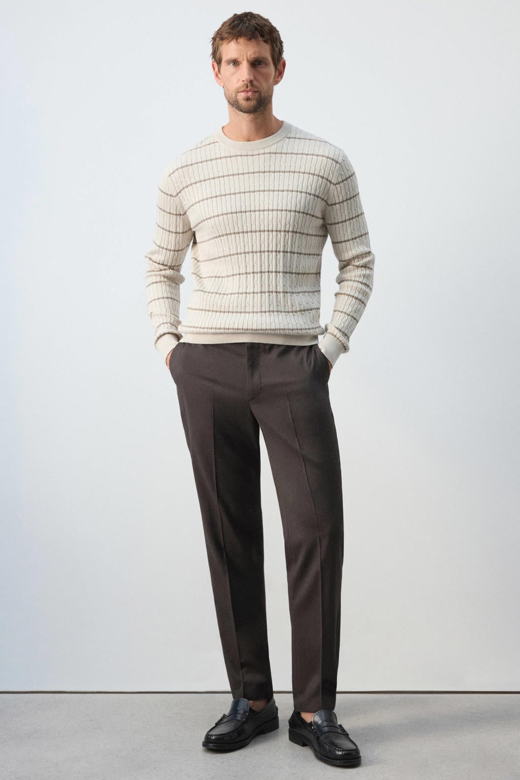 Ecru heren Mango Man relaxed fit gebreide gestreepte trui van lyocell met lange mouwen