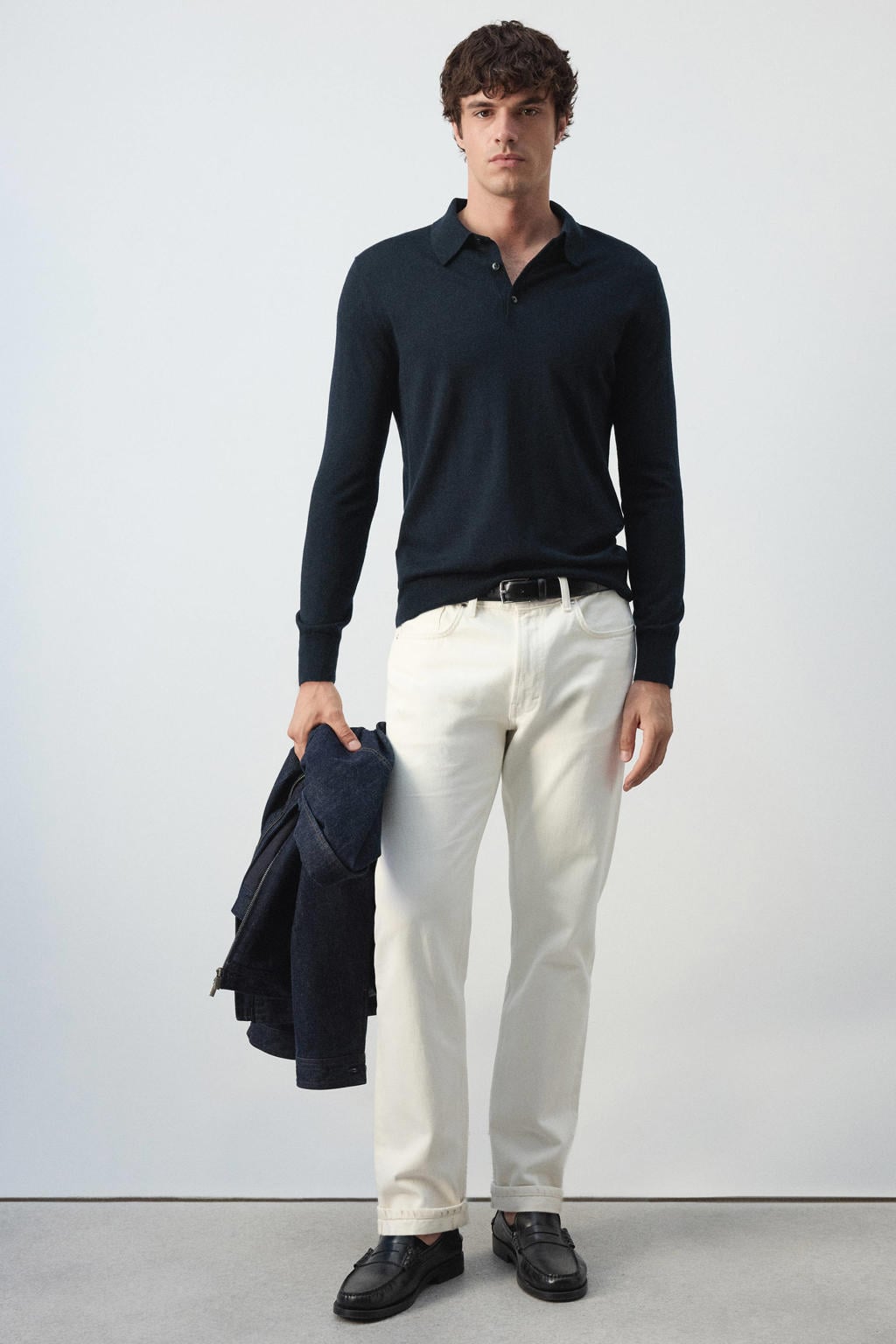 Donkerblauwe heren Mango Man wollen regular fit gemêleerde polo met melée print, lange mouwen en geribde boorden