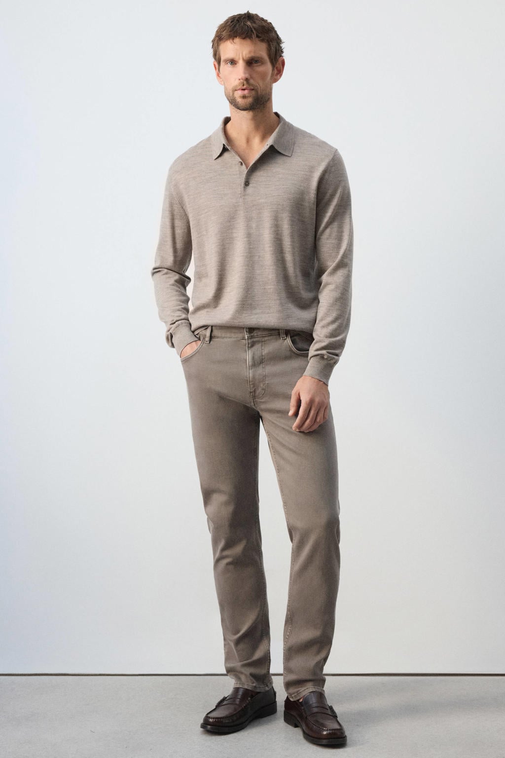 Beige heren Mango Man wollen regular fit gemêleerde polo met melée print, lange mouwen en geribde boorden