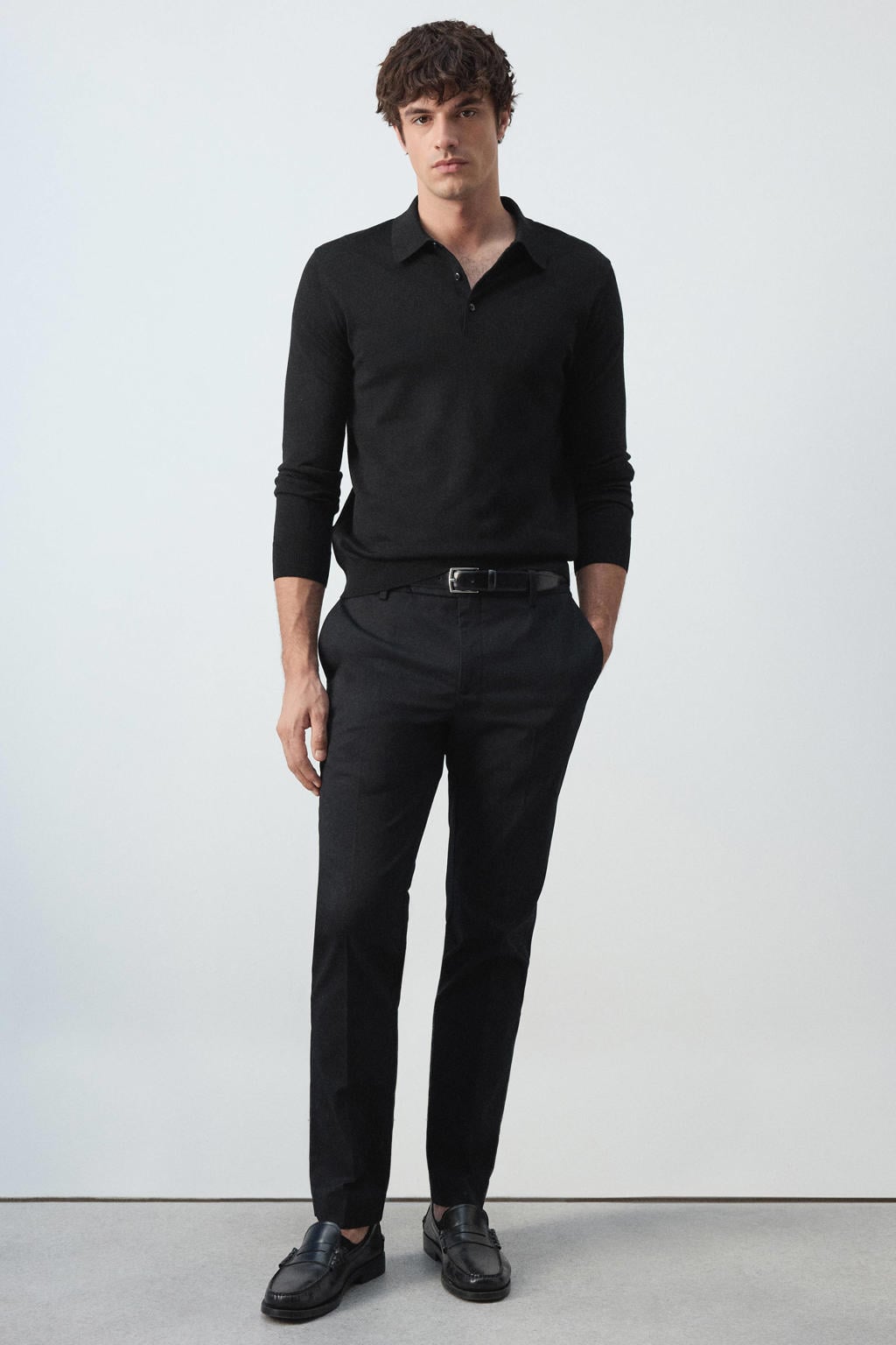 Zwarte heren Mango Man wollen regular fit gemêleerde polo met melée print, lange mouwen en geribde boorden