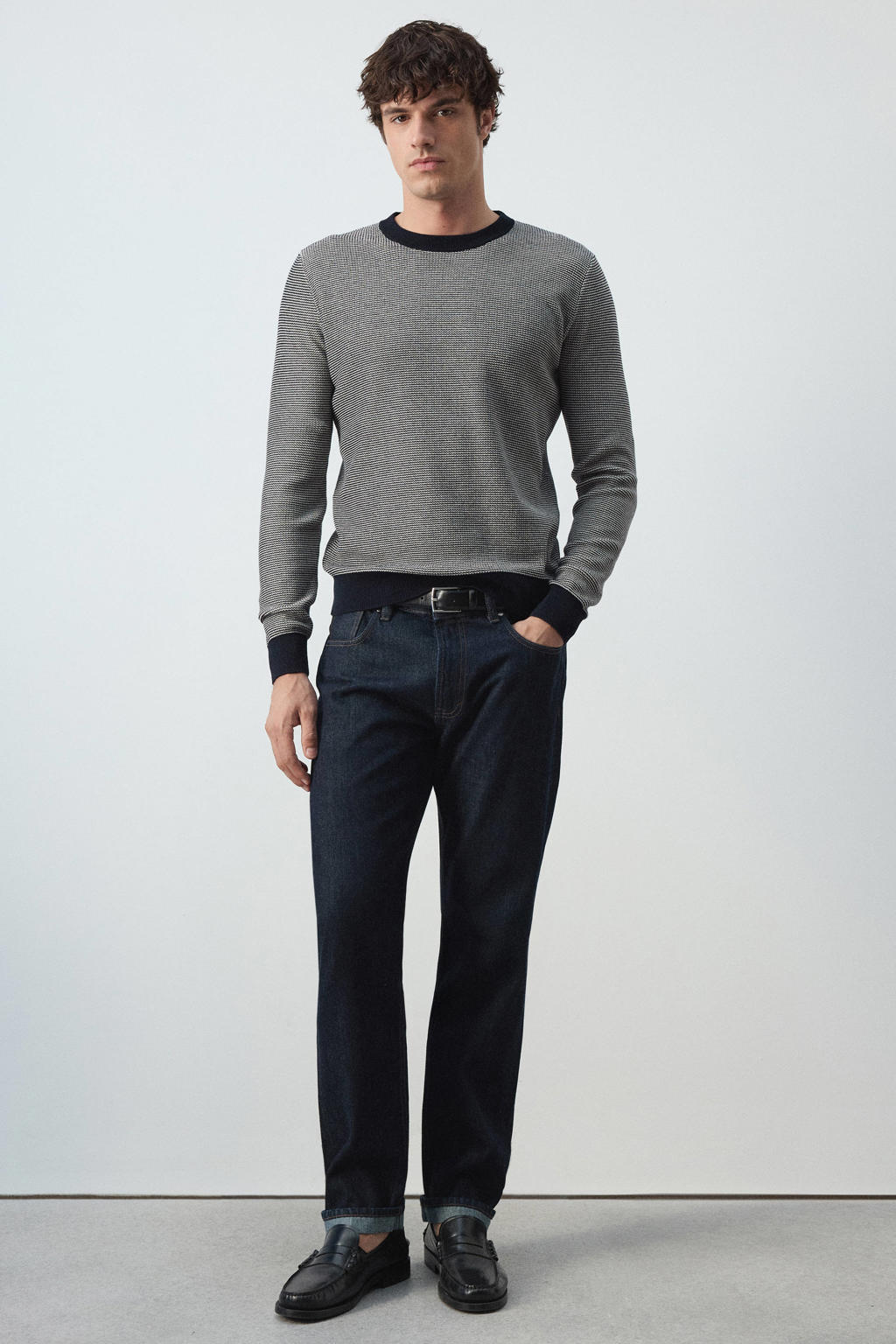 Mango Man katoenen regular fit gebreide geruite trui - marine