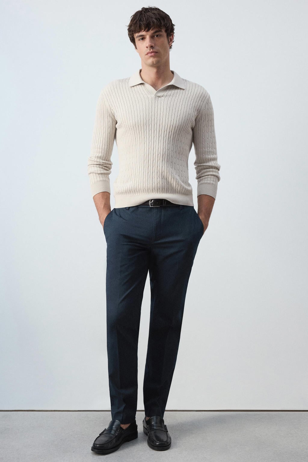 Grijze heren Mango Man relaxed fit gebreide trui van katoen met effen, lange mouwen en polo kraag