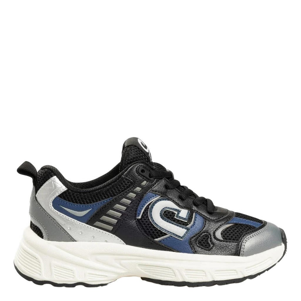 Zwart, zilver en donkerblauwe jongens Cruyff sneakers - van 65% microfibre / 35% mesh met veters