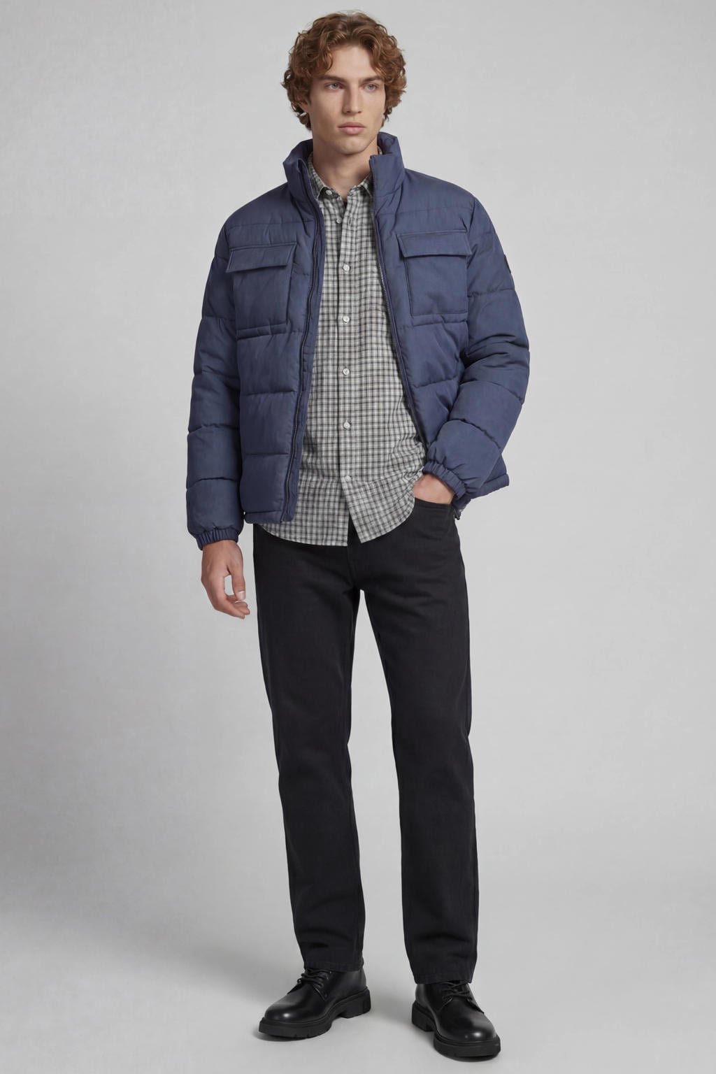 Blauwe heren JJ REBEL quilted winterpufferjas van polyester met melée print, lange mouwen, opstaande kraag, ritssluiting en doorgestikte details