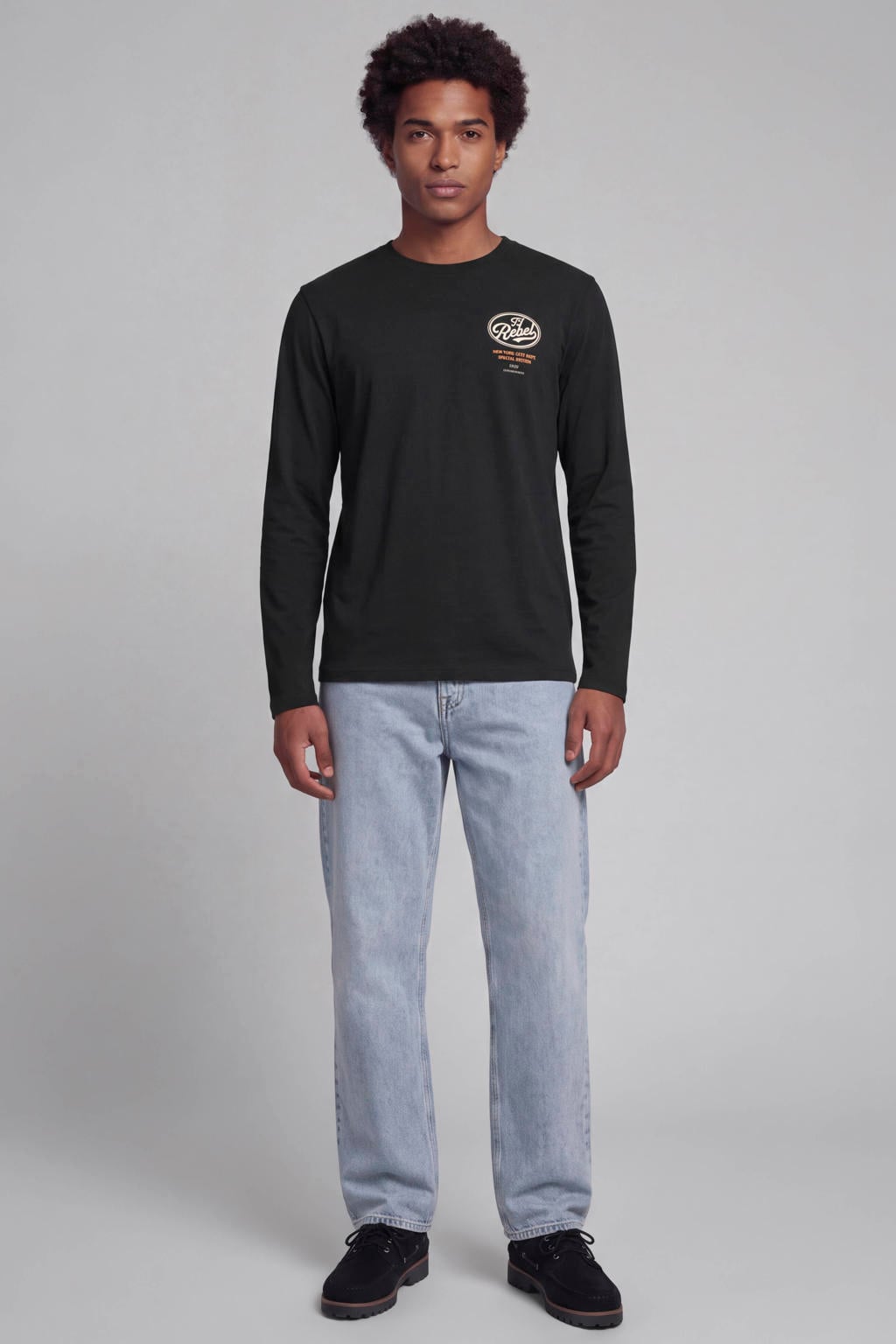Zwarte heren JJ REBEL regular fit longsleeve van katoen met lange mouwen en ronde hals
