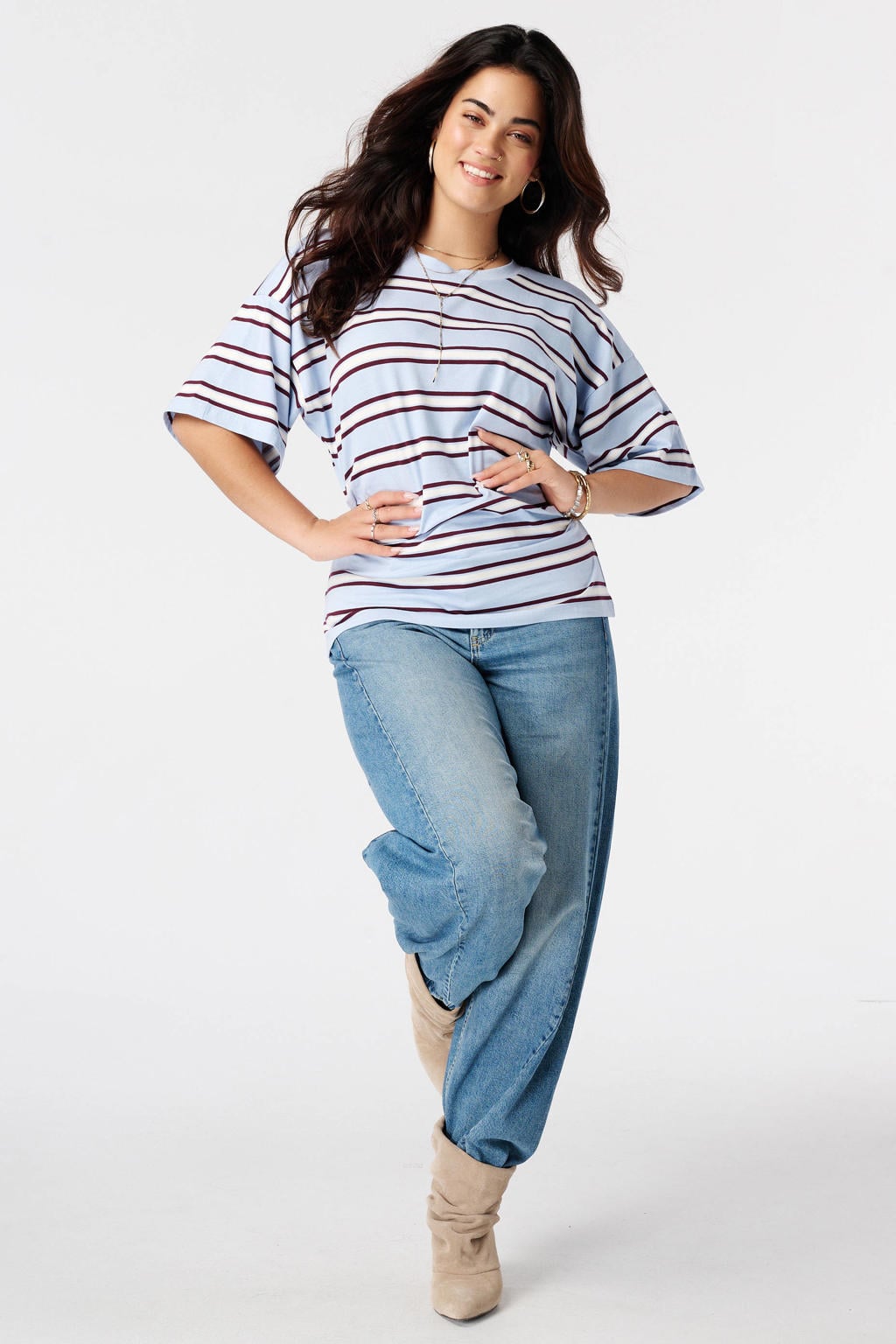 Lichtblauw, ecru en rode dames MS Mode Plus Size gestreept T-shirt van katoen met driekwart mouwen