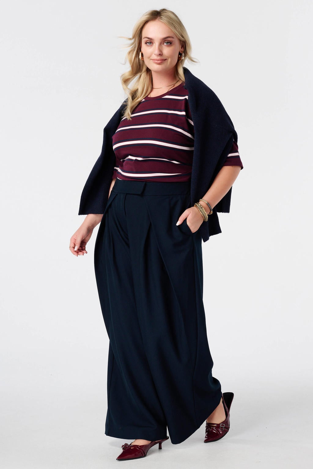 Donkerrood, ecru en blauwe dames MS Mode Plus Size gestreepte T-shirt van katoen met driekwart mouwen