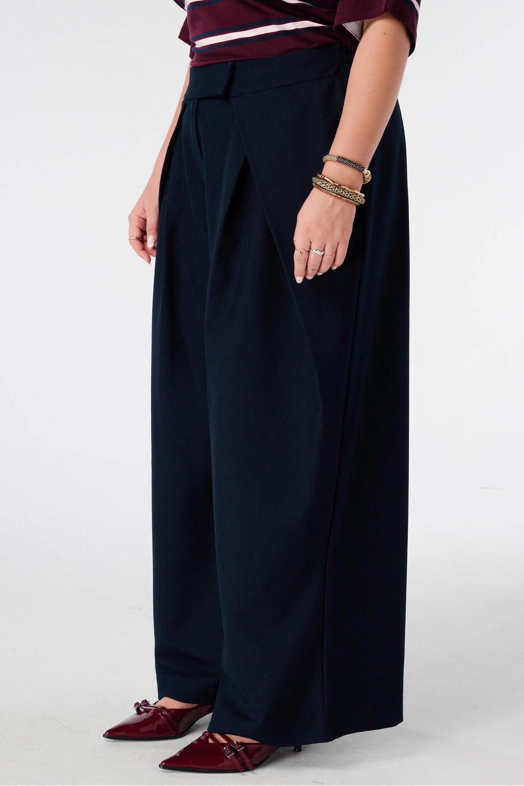 Donkerblauwe dames MS Mode Plus Size wide leg broek met effen