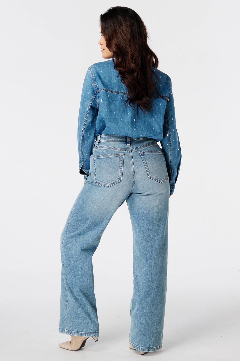 Medium blue denim dames MS Mode Plus Size wide leg jeans mediumblauw van denim met rits- en knoopsluiting en effen