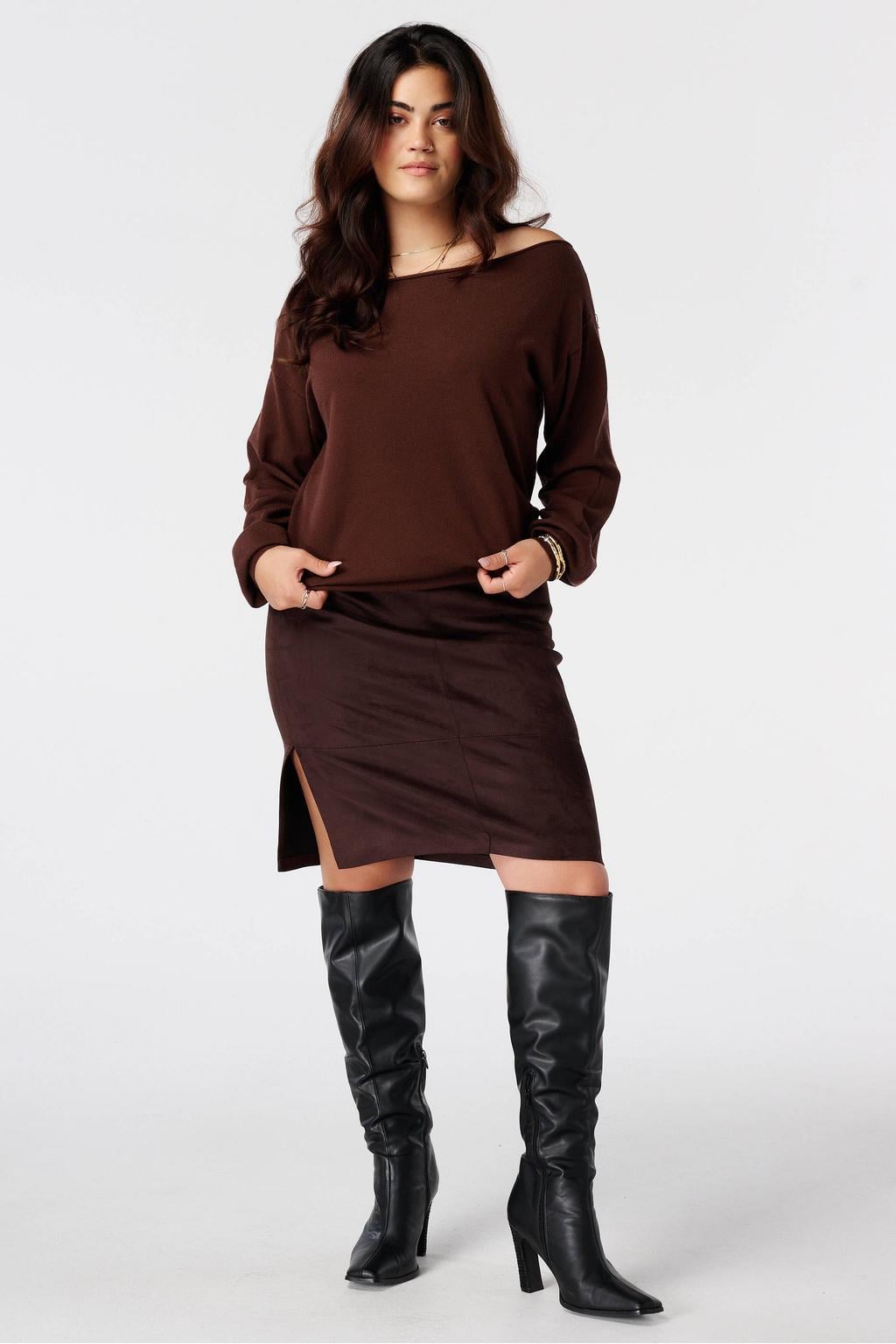 MS Mode off shoulder trui - bruin