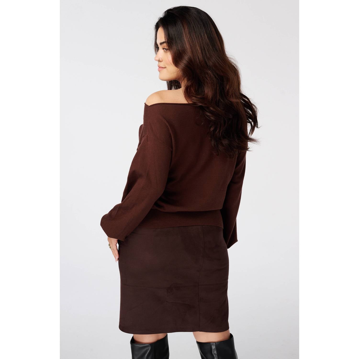 MS Mode off shoulder trui bruin
