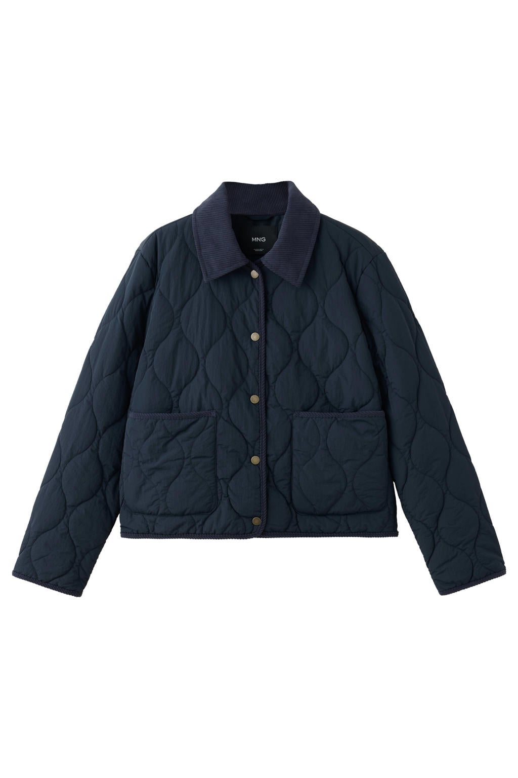 Donkerblauwe jongens MANGO TEEN gewatteerde tussenjas van polyamide met effen, lange mouwen, klassieke kraag en knoopsluiting