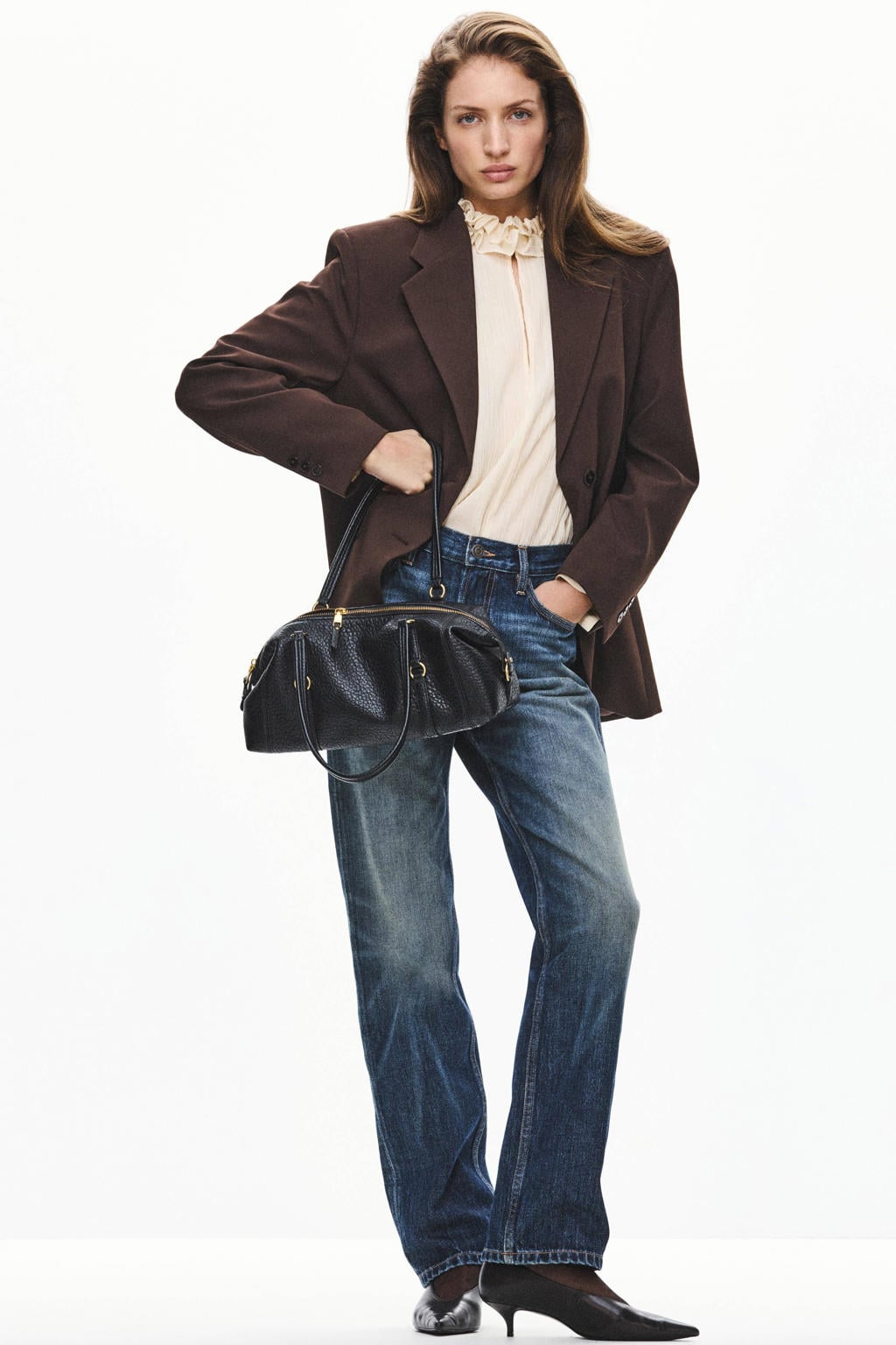 Ecru dames Mango blouse van polyester met effen, lange mouwen, opstaande kraag, knoopsluiting en ruches