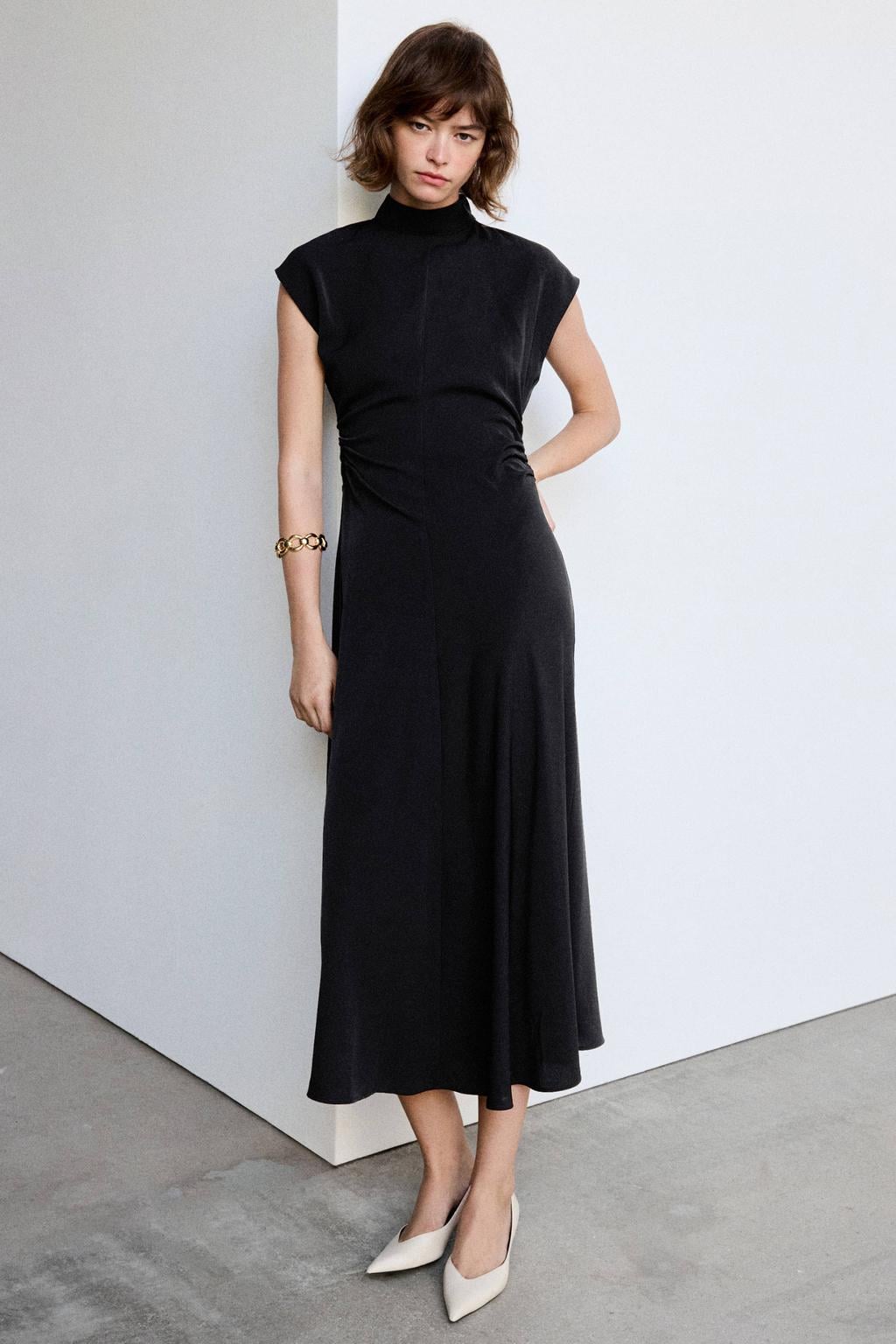 Zwarte dames Mango midi jurk van polyester met effen, korte mouwen, opstaande kraag en ritssluiting