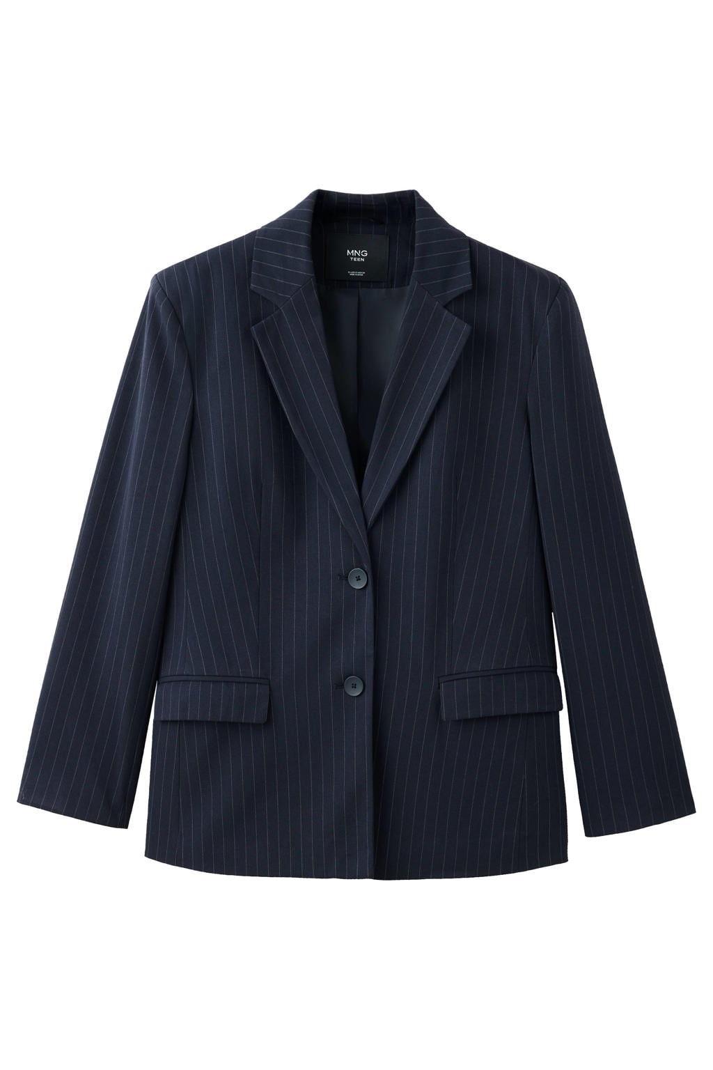 Donkerblauwe meisjes MANGO TEEN regular blazer van polyester met krijtstreepprint, lange mouwen, reverskraag en knoopsluiting