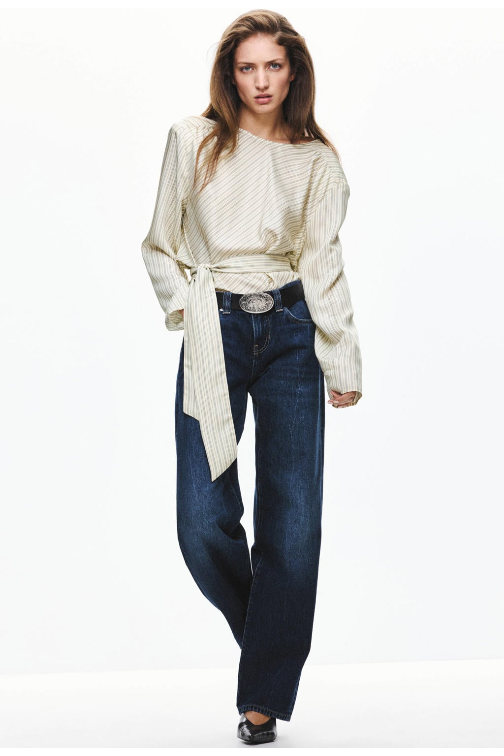 Mango gestreepte blouse met ceintuur - beige