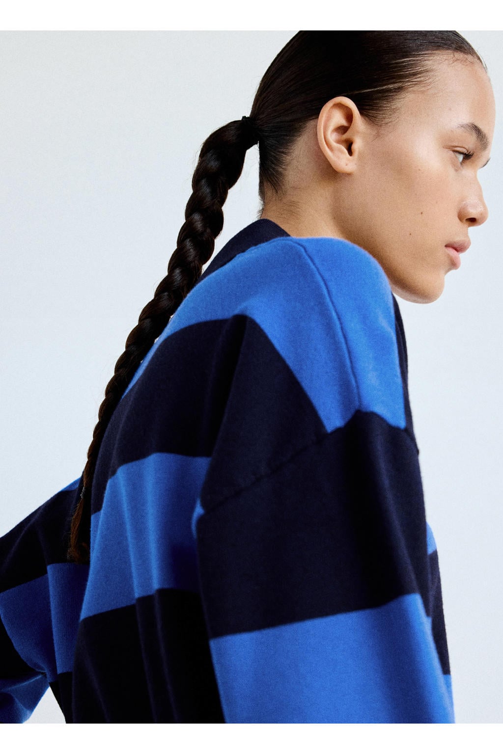 Blauwe dames Mango van polyester met strepenprint, lange mouwen en polo kraag