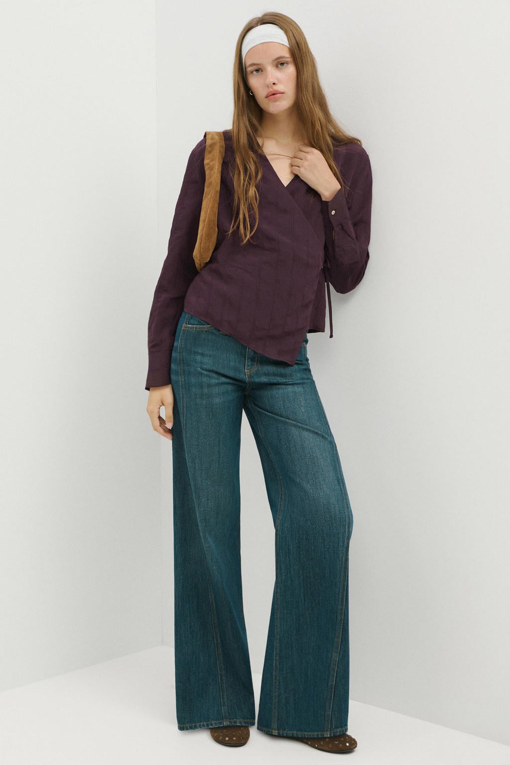 Paarse meisjes MANGO TEEN blouse van modal met effen, lange mouwen, V-hals, striksluiting en overslag detail