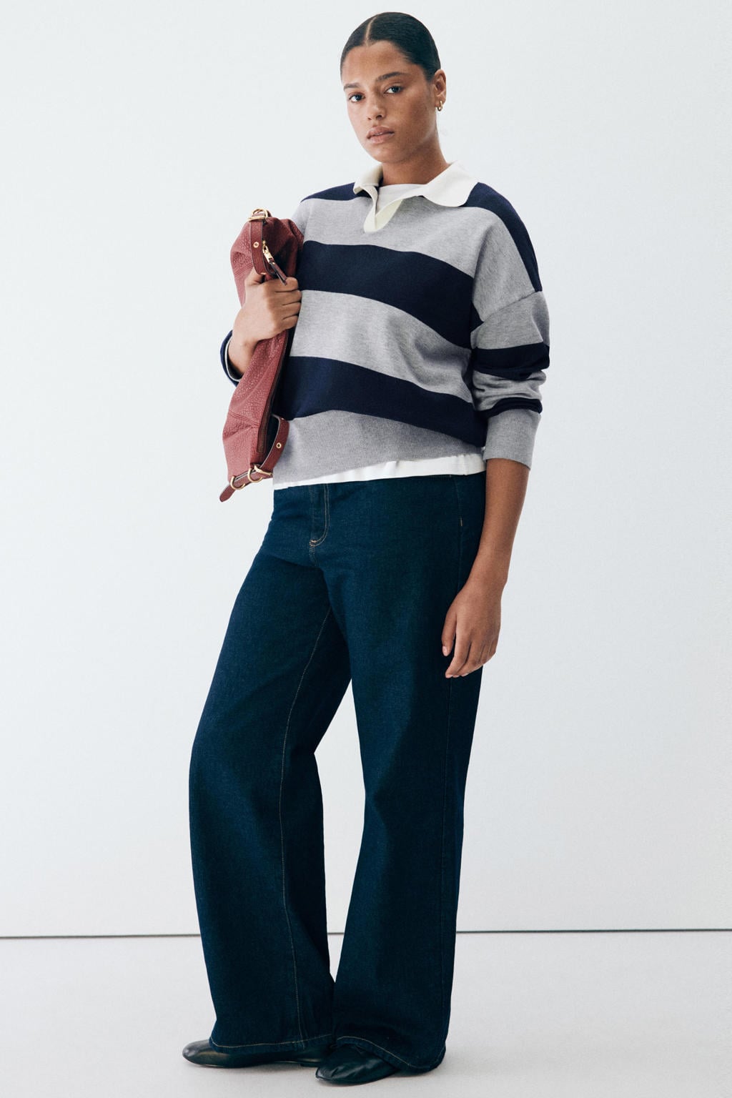 Grijze dames Mango van polyester met strepenprint, lange mouwen en polo kraag