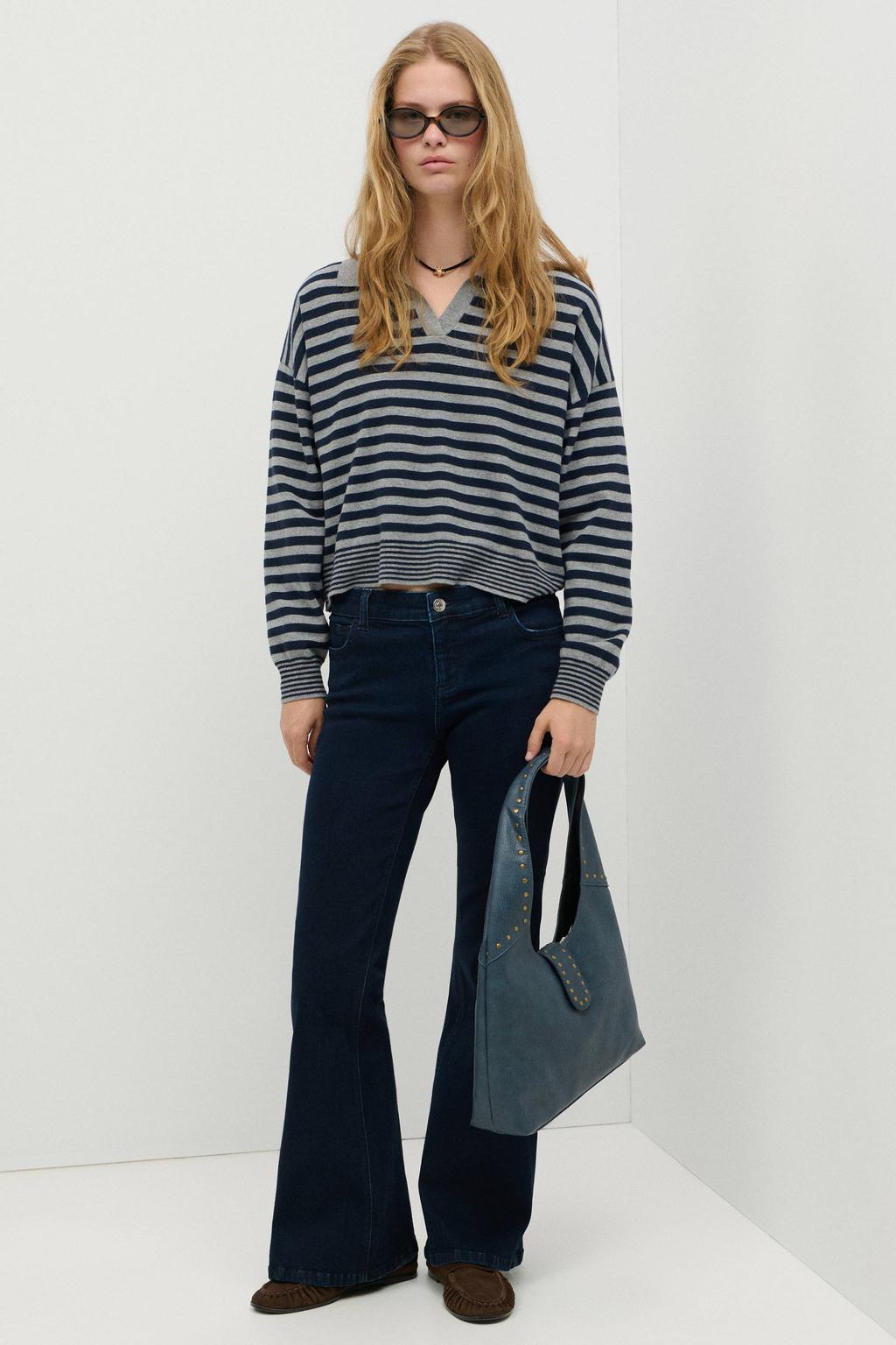 MANGO TEEN katoenen gestreepte gebreide trui - grijs/blauw