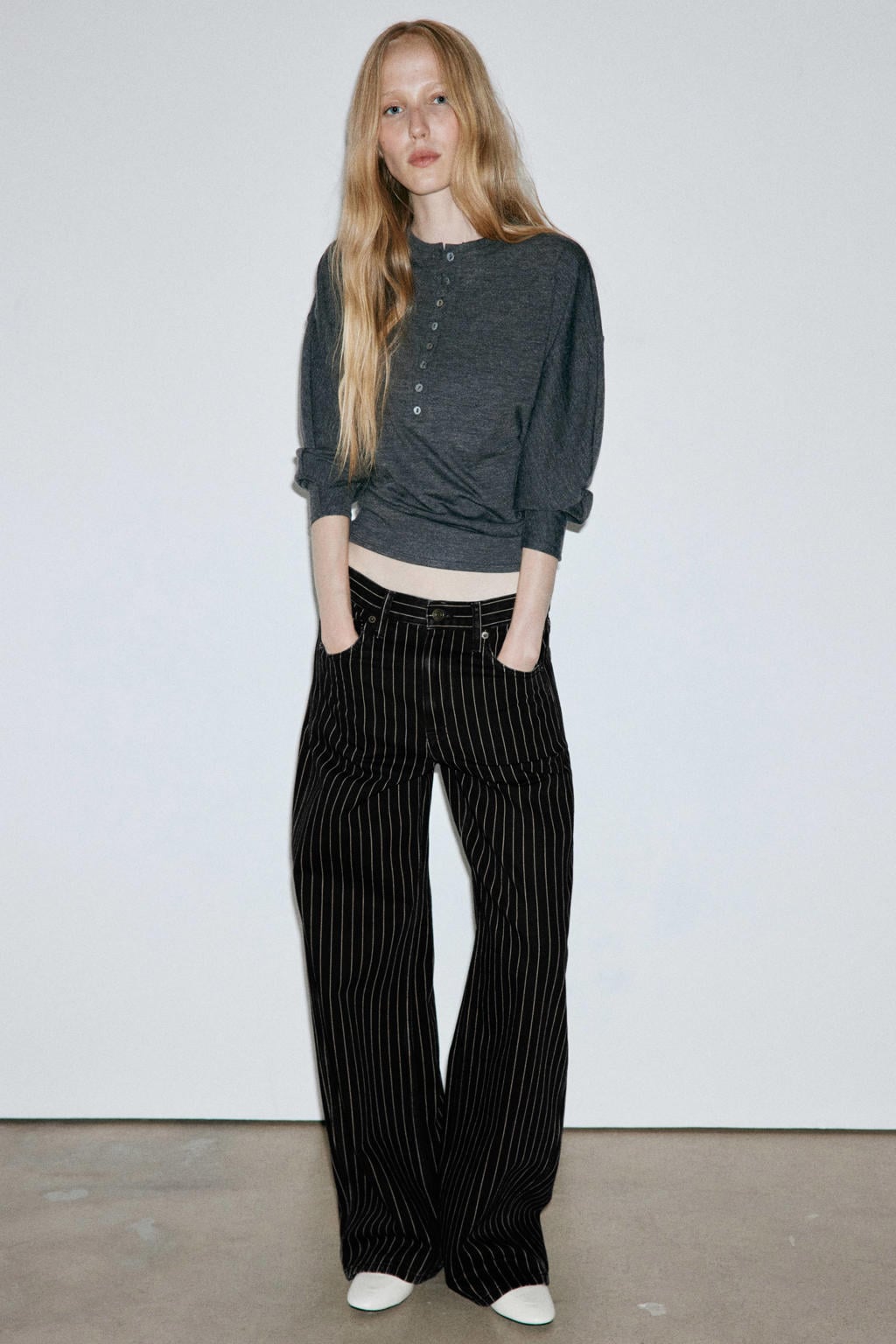 Zwart en ecru dames Mango wide leg jeans van denim met rits- en knoopsluiting en krijtstreepprint