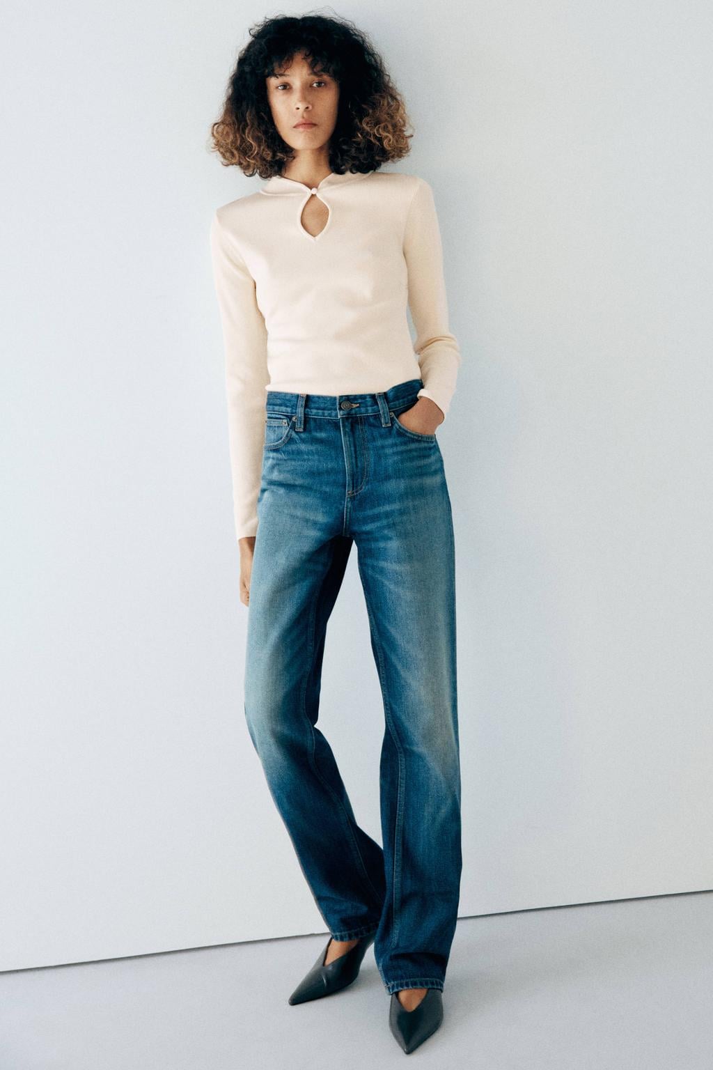 Ecru dames Mango top van viscose met effen, lange mouwen en ronde hals