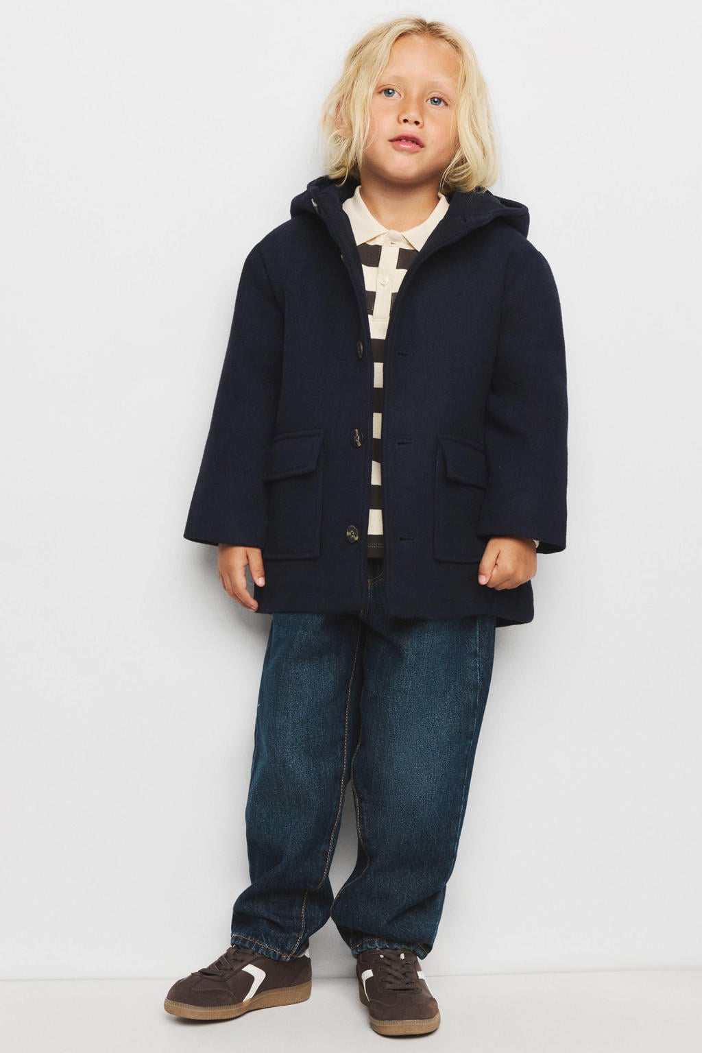 Marineblauw jongens Mango Kids manteljas blauw van polyester met effen, lange mouwen, capuchon en knoopsluiting