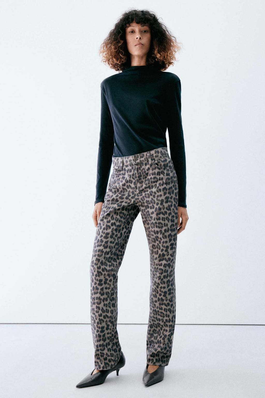 Grijs en zwarte dames Mango straight leg jeans van katoen met rits- en knoopsluiting en panterprint