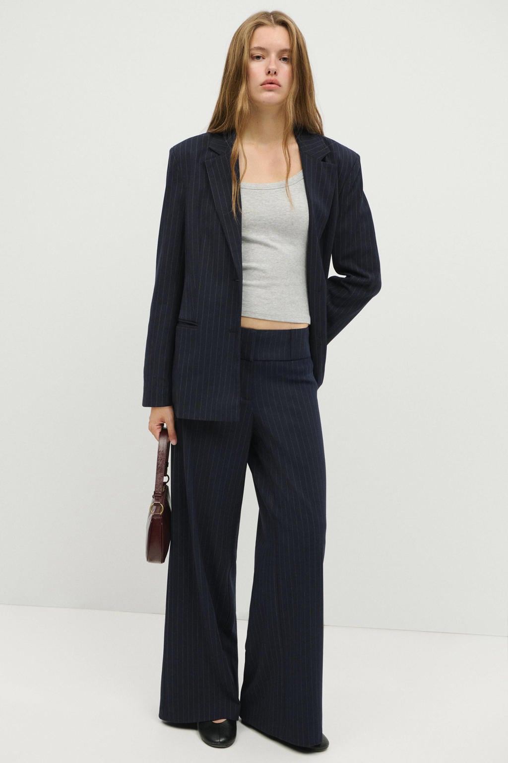 Marineblauw meisjes MANGO TEEN wide leg casual broek blauw met rits- en haaksluiting en krijtstreepprint