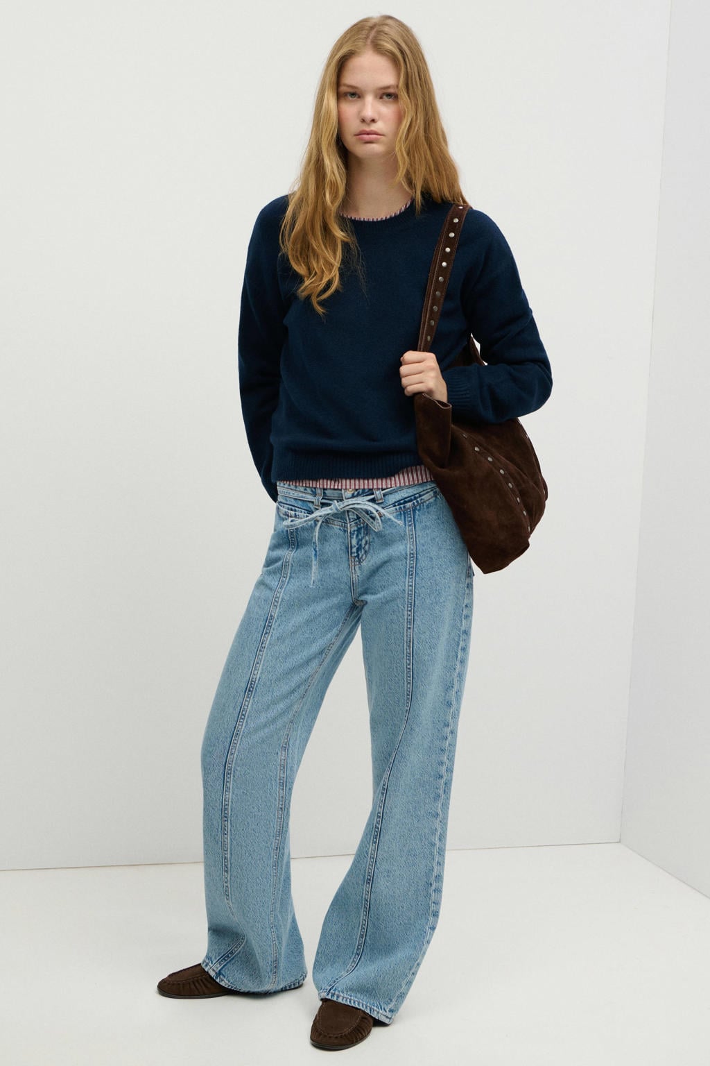 Marineblauw meisjes MANGO TEEN gebreide trui blauw van polyester met effen, lange mouwen en ronde hals