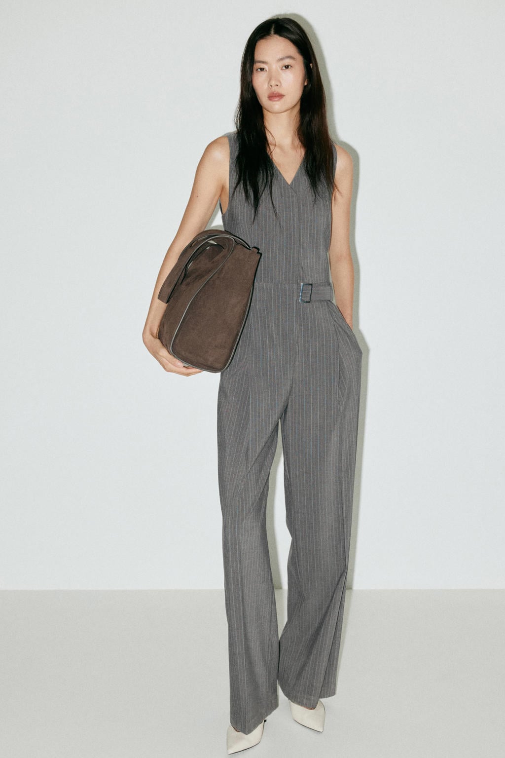 Mango jumpsuit met ceintuur en krijtstreep - grijs