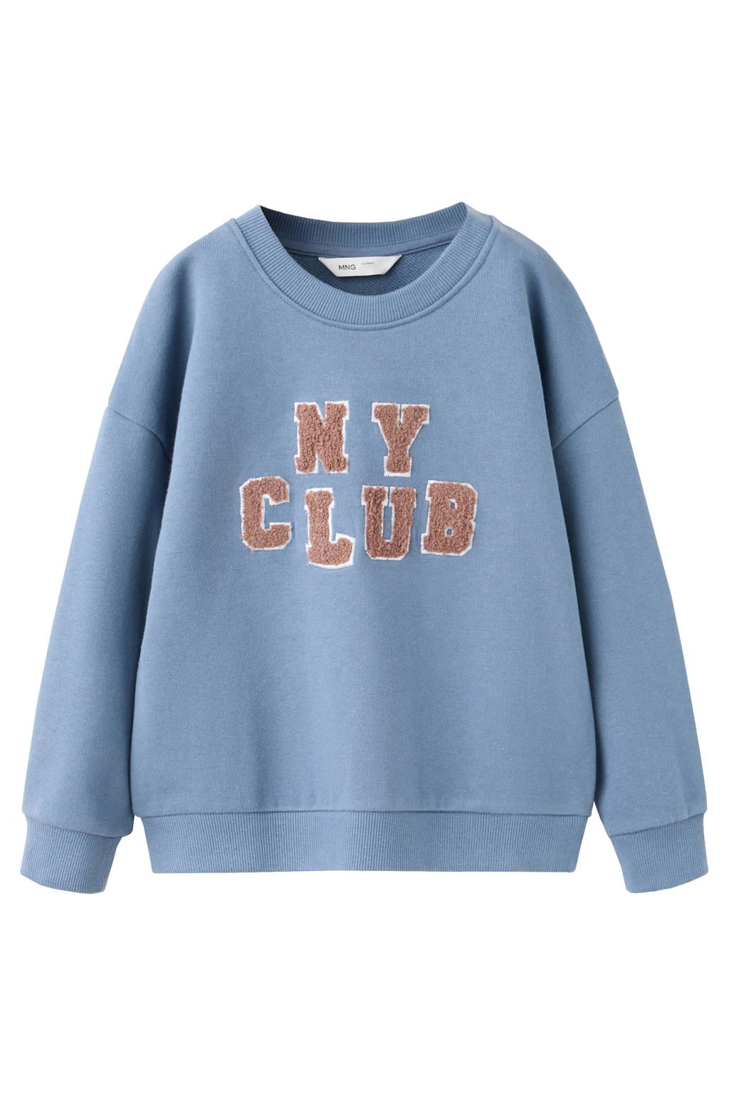 Blauwe jongens Mango Kids sweater met tekst print, lange mouwen, ronde hals en 3D applicatie