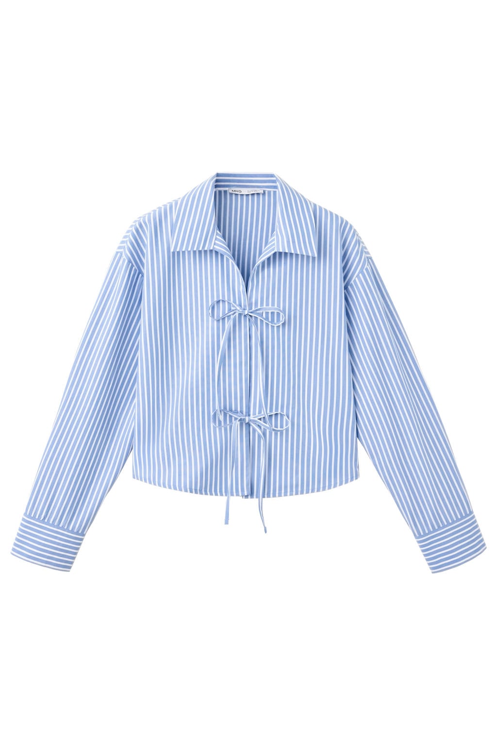 Lichtblauwe meisjes MANGO TEEN blousetop van katoen met krijtstreepprint, lange mouwen, klassieke kraag en striksluiting