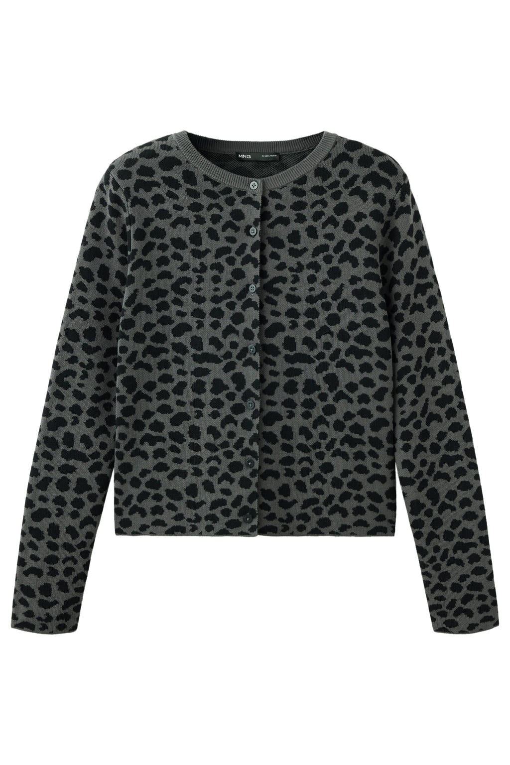 Antraciete dames Mango katoenen gebreid vest met panterprint, lange mouwen, ronde hals en knoopsluiting