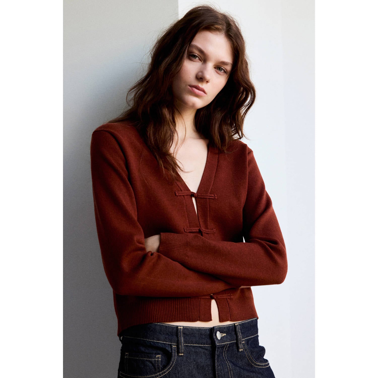 Mango gebreid vest roodbruin