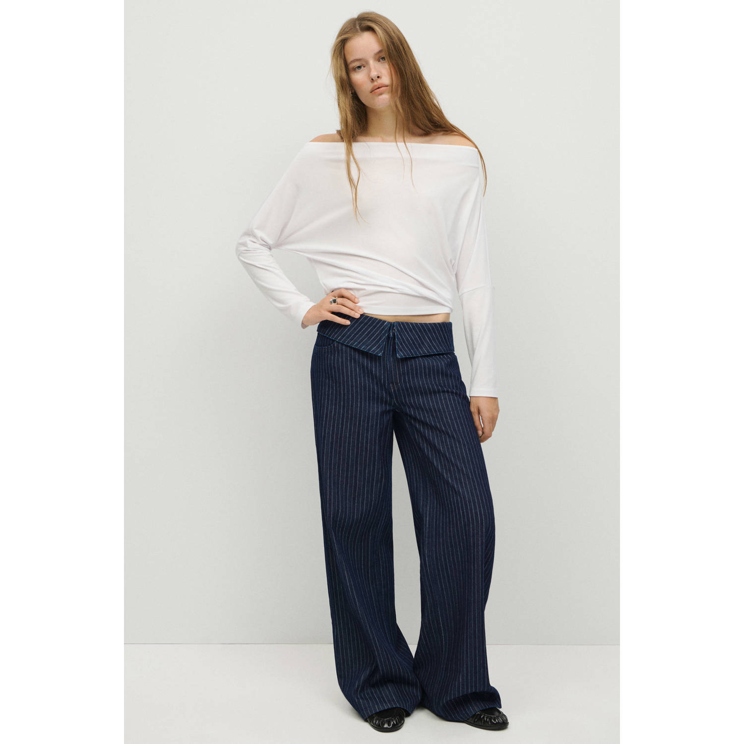 MANGO TEEN wide leg jeans met krijtstreep donkerblauw