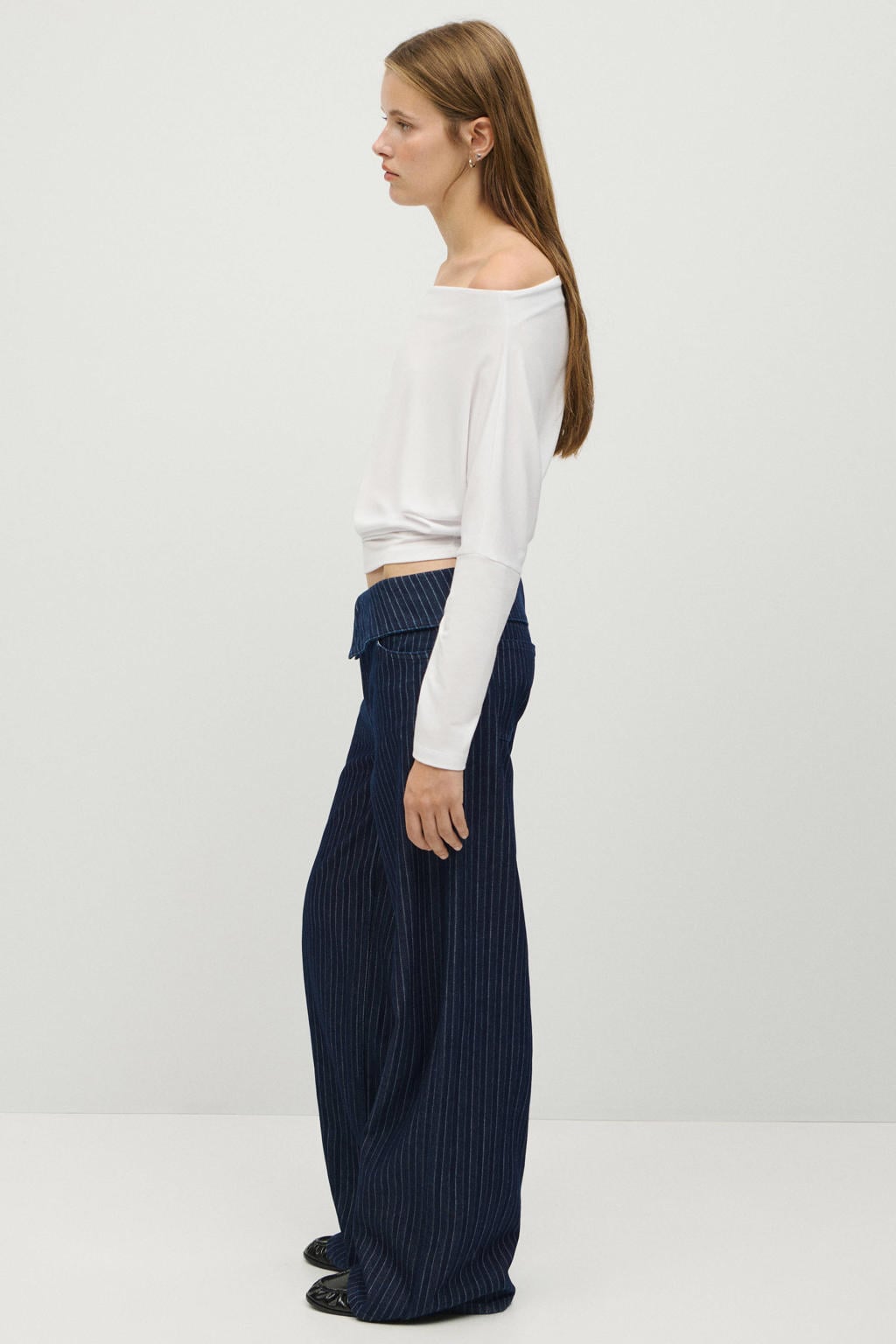 Donkerblauwe meisjes MANGO TEEN wide leg jeans van katoen met low waist, rits- en knoopsluiting en krijtstreepprint