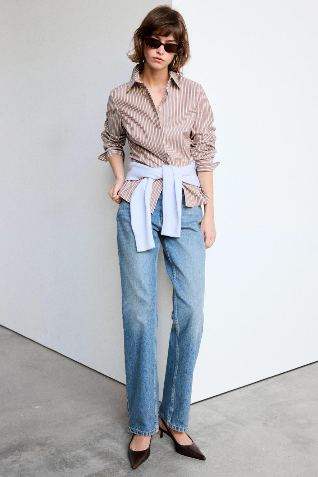 Bruin en blauwe dames Mango blouse van katoen met krijtstreepprint, lange mouwen, klassieke kraag en knoopsluiting