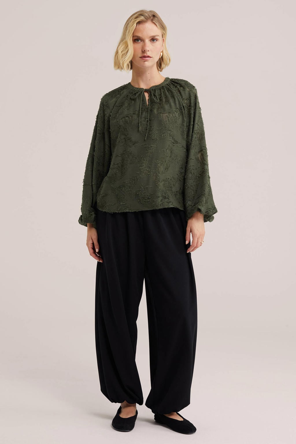 Groene dames WE Fashion top van polyester met effen, lange mouwen en ronde hals